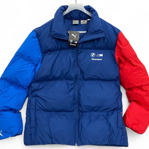 BMW Puma M Sport Racing Red Blue Winter Puffer Bomber Ski Jacket Men's Large New - Picture 1 of 10